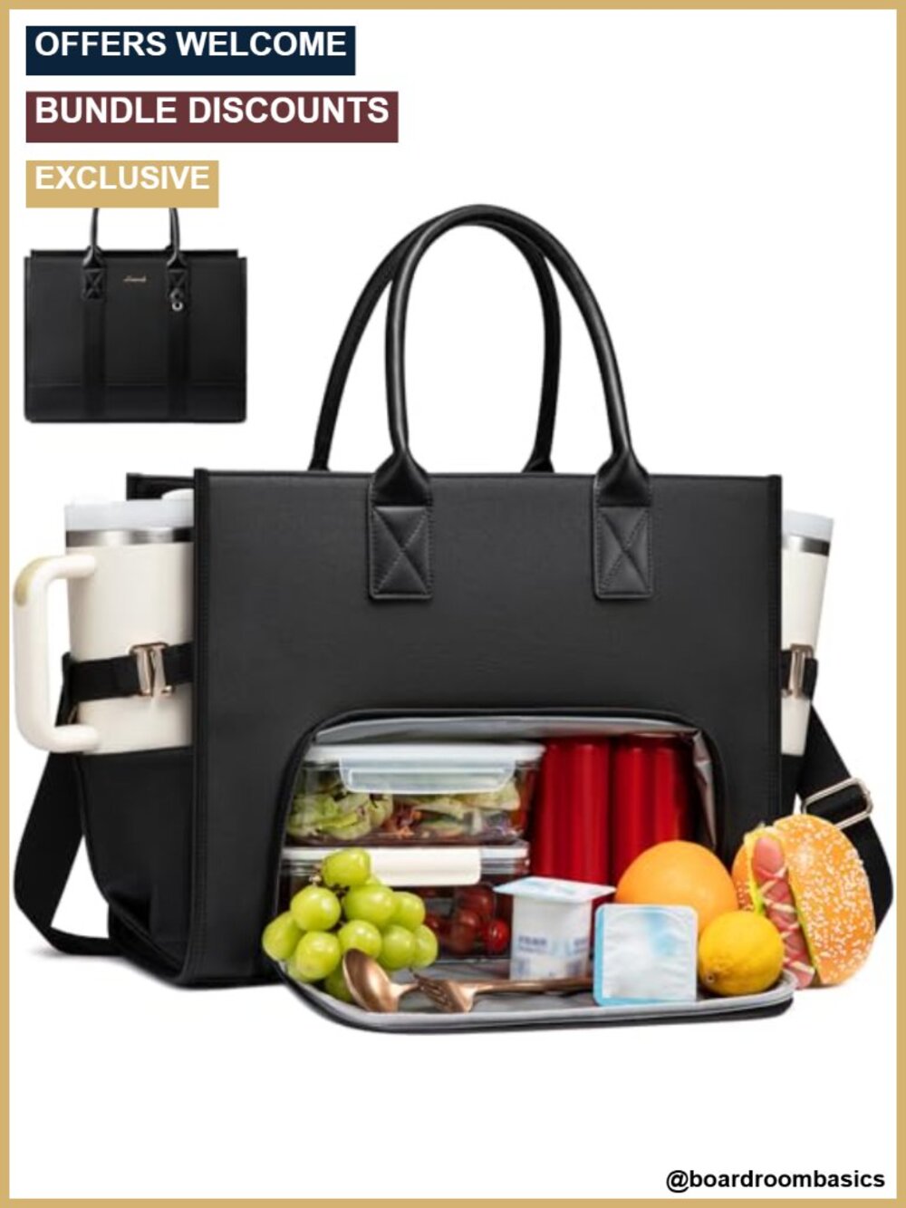 Work Tote with Insulated Lunch Compartment, 15.6" Laptop, PU Leather,